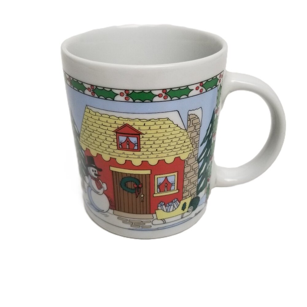 Vintage Houston Foods Christmas Winter Cottage Mug Holly Snowman Holiday Cozy